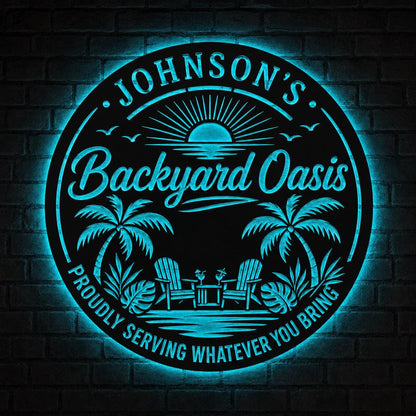 Personalized LED Backyard Oasis Sign, Custom Tropical Patio Wall Decor, Round Metal Pool Bar