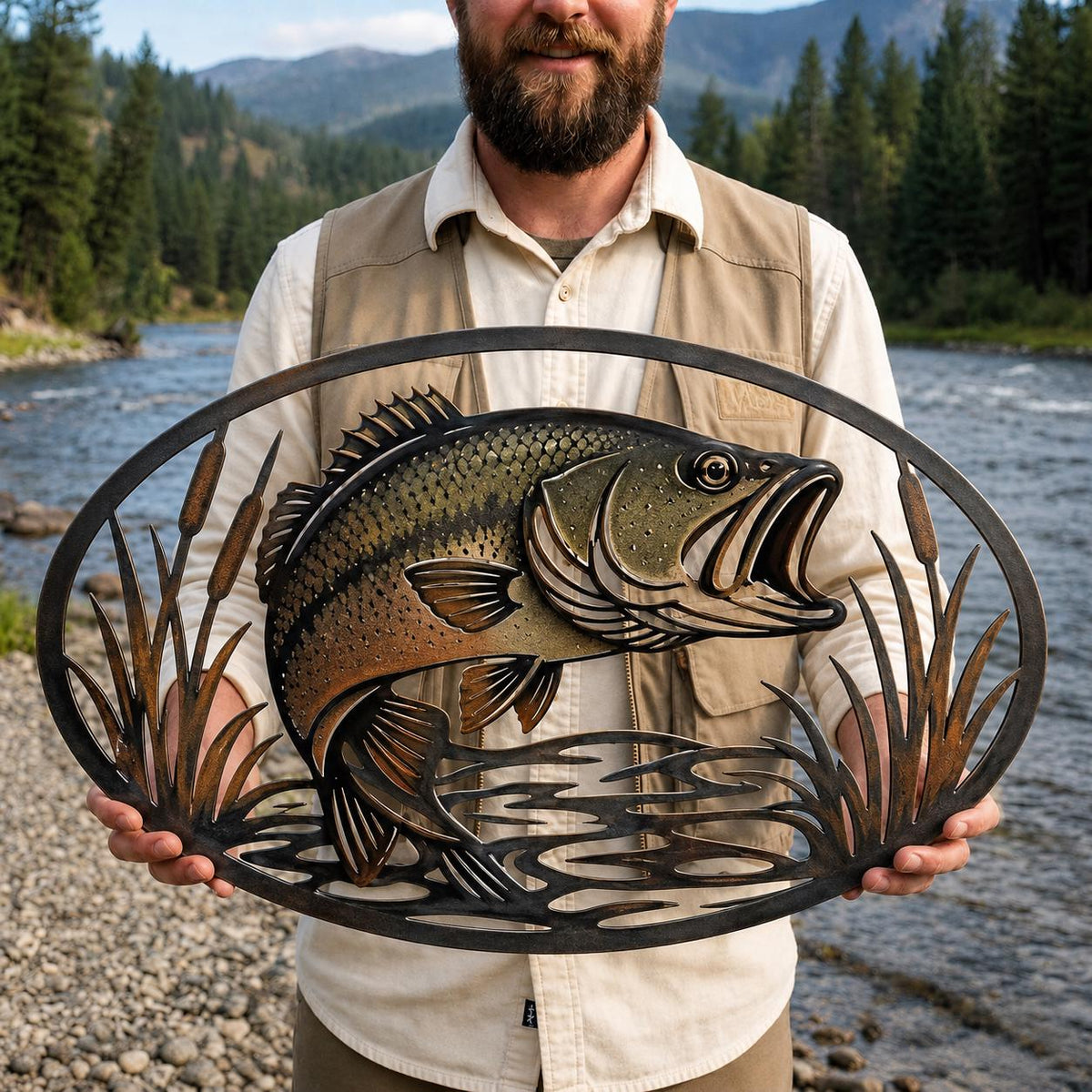 Rustic Bass Fish Wall Decor, Metal Fishing Sign with Reeds and Water Scene, Cabin Lodge Gift for Fisherman
