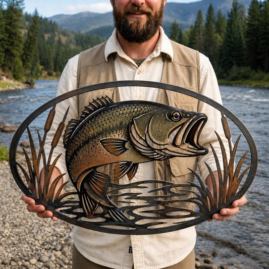Rustic Bass Fish Wall Decor, Metal Fishing Sign with Reeds and Water Scene, Cabin Lodge Gift for Fisherman