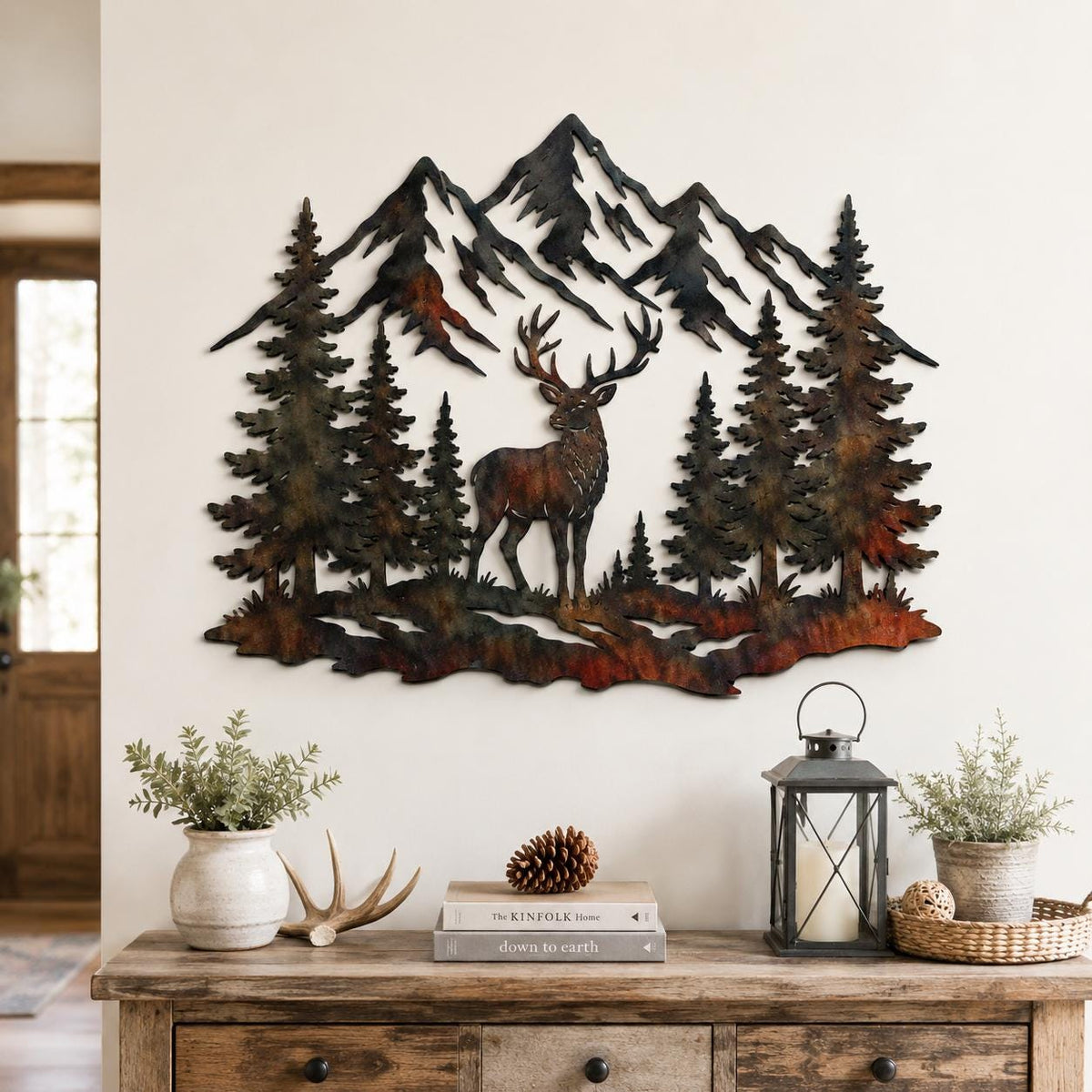 Deer Mountain Metal Wall Art, Rustic Cabin Lodge Decor, Buck Pine Tree Forest Wall Hanging For Living Room