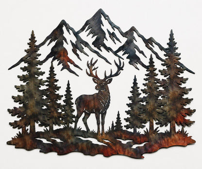 Deer Mountain Metal Wall Art, Rustic Cabin Lodge Decor, Buck Pine Tree Forest Wall Hanging For Living Room