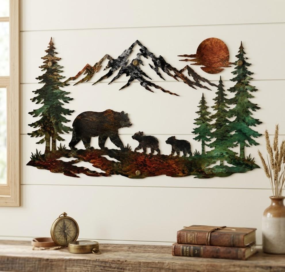 Bear Family Metal Wall Art, Rustic Mountain Forest Decor, Cabin Lodge Wall Hanging For Nature Lovers