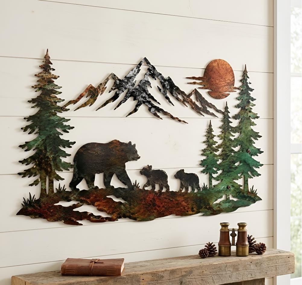 Bear Family Metal Wall Art, Rustic Mountain Forest Decor, Cabin Lodge Wall Hanging For Nature Lovers