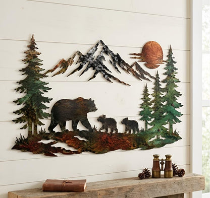 Bear Family Metal Wall Art, Rustic Mountain Forest Decor, Cabin Lodge Wall Hanging For Nature Lovers