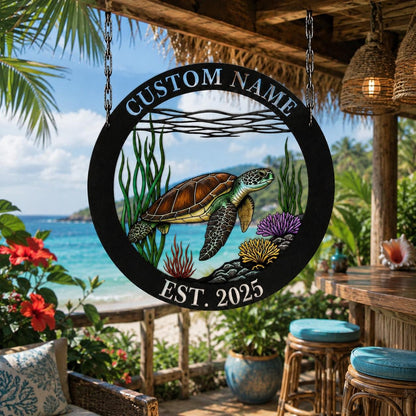 Custom Sea Turtle Metal Sign, Personalized Coastal Family Name Wall Art, Beach House Hanging Decor