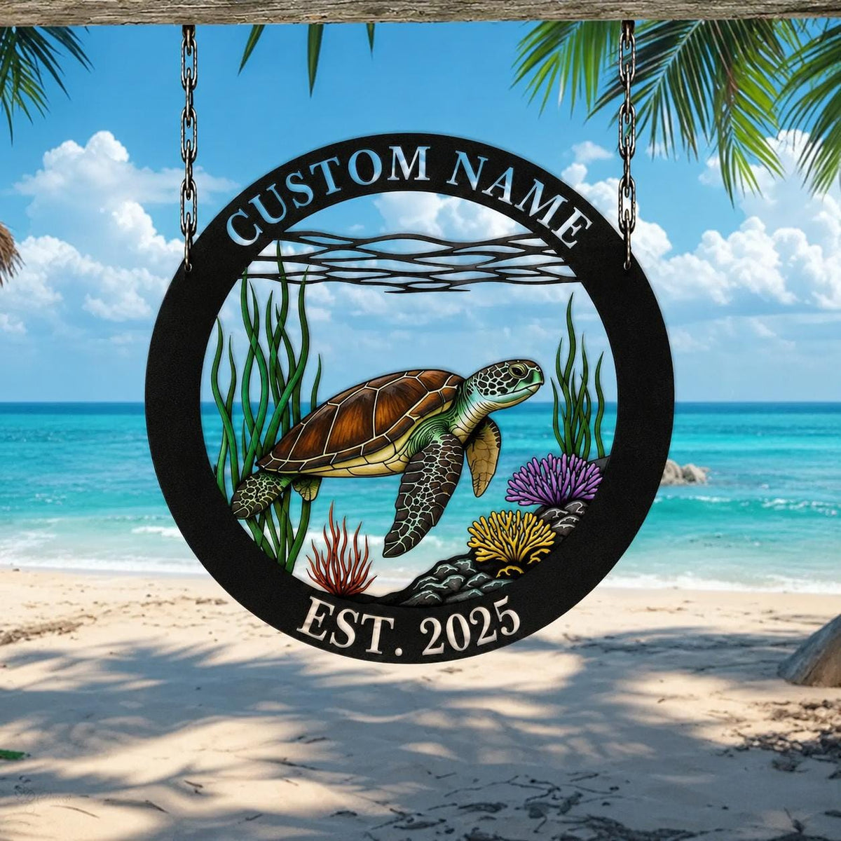 Custom Sea Turtle Metal Sign, Personalized Coastal Family Name Wall Art, Beach House Hanging Decor