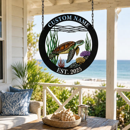 Custom Sea Turtle Metal Sign, Personalized Coastal Family Name Wall Art, Beach House Hanging Decor