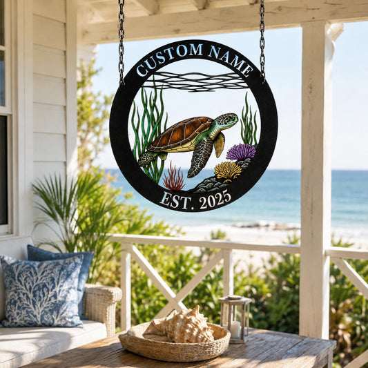 Custom Sea Turtle Metal Sign, Personalized Coastal Family Name Wall Art, Beach House Hanging Decor