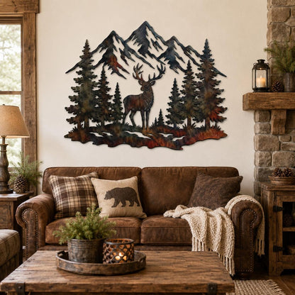 Deer Mountain Metal Wall Art, Rustic Cabin Lodge Decor, Buck Pine Tree Forest Wall Hanging For Living Room