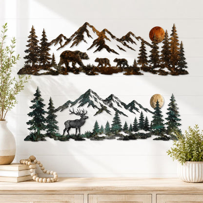 Mountain Wildlife Metal Wall Art, 2 Design Options, Bear Deer Forest Cabin Decor For Lodge Home