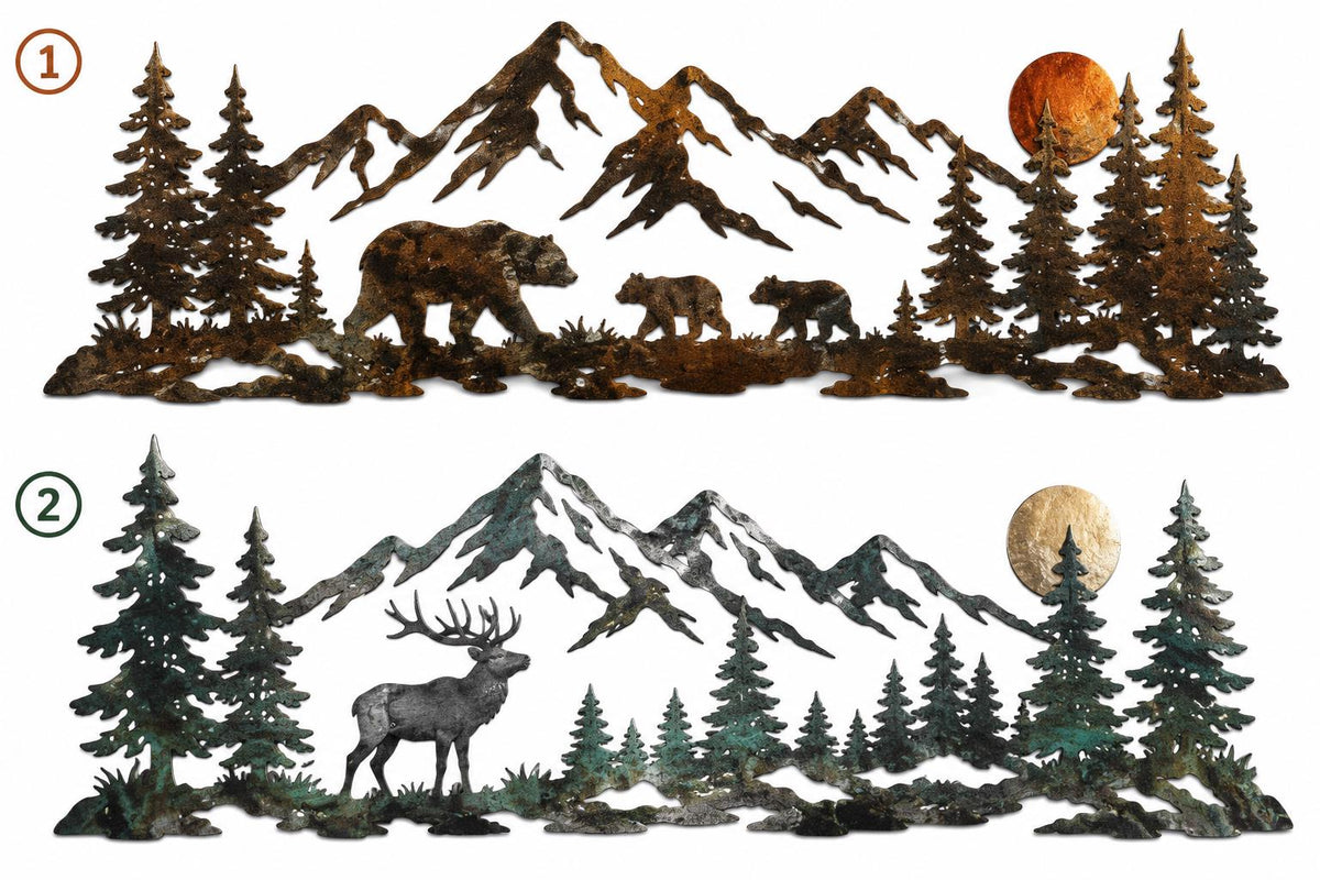 Mountain Wildlife Metal Wall Art, 2 Design Options, Bear Deer Forest Cabin Decor For Lodge Home