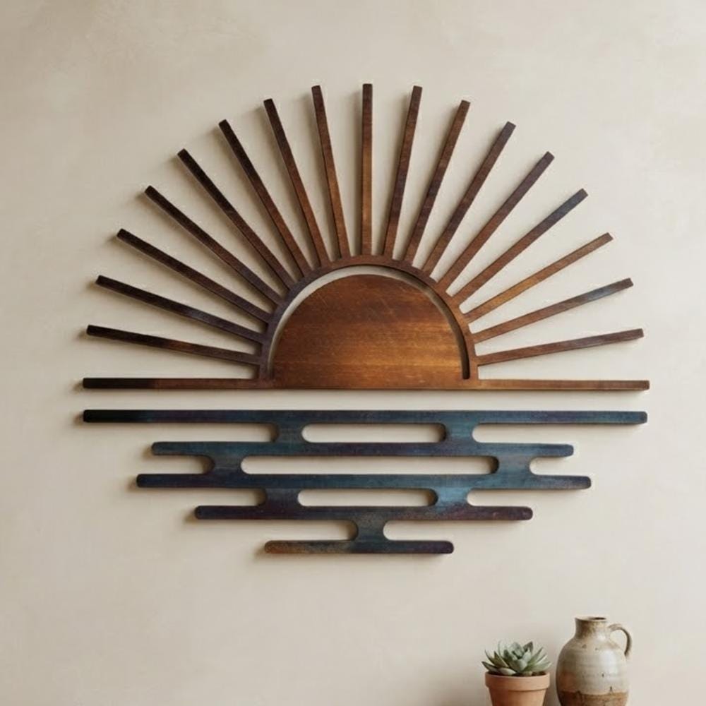 Sunburst Metal Wall Art, Rustic Sunrise Decor, UV Printed Aluminum Sign