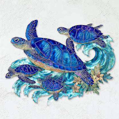 UV Printed Aluminum Sea Turtle Family Wall Art, Coastal Ocean Decor