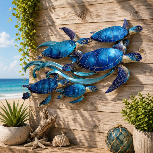 UV Printed Aluminum Sea Turtle Family Wall Art, Coastal Ocean Decor