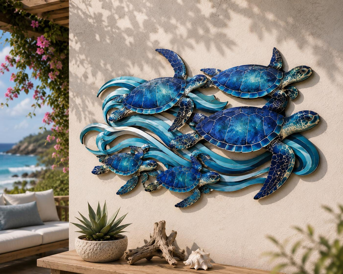 UV Printed Aluminum Sea Turtle Family Wall Art, Coastal Ocean Decor