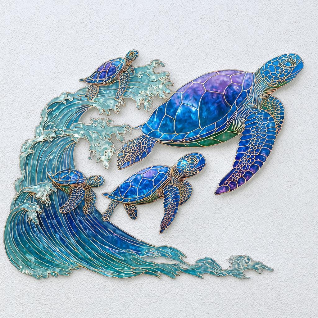 UV Printed Aluminum Sea Turtle Family Wall Art, Coastal Ocean Decor