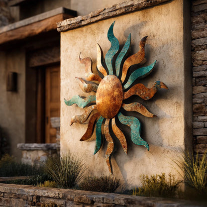UV Printed Aluminum Sun Metal Wall Art, Boho Patio Hanging, Turquoise Orange Garden Sign