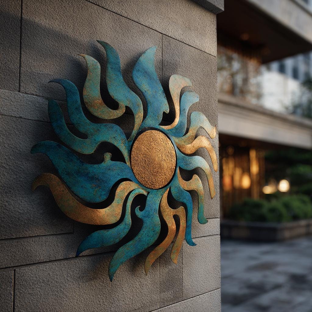 UV Printed Aluminum Sun Metal Wall Art, Boho Patio Hanging, Turquoise Orange Garden Sign