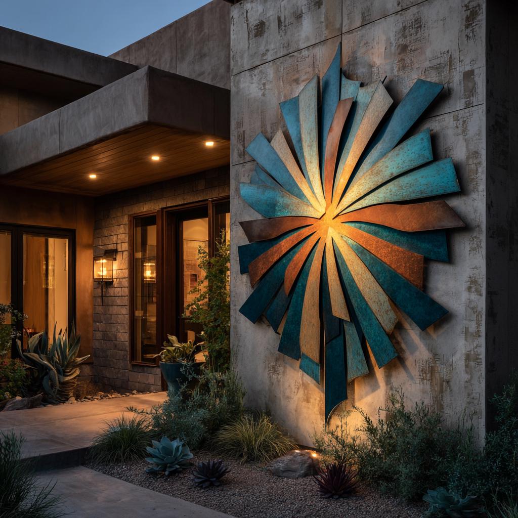 UV Printed Aluminum Sun Metal Wall Art, Boho Patio Hanging, Turquoise Orange Garden Sign
