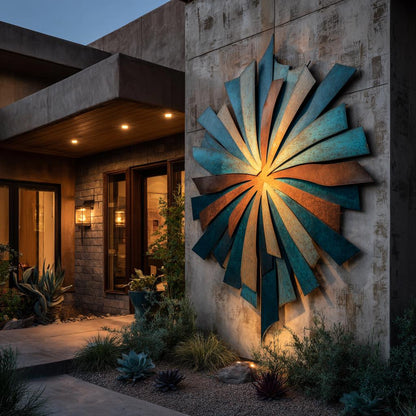 UV Printed Aluminum Sun Metal Wall Art, Boho Patio Hanging, Turquoise Orange Garden Sign