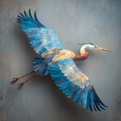 Flying Heron Metal Wall Art, UV Printed Aluminum Bird Decor, Coastal Garden Patio Sign