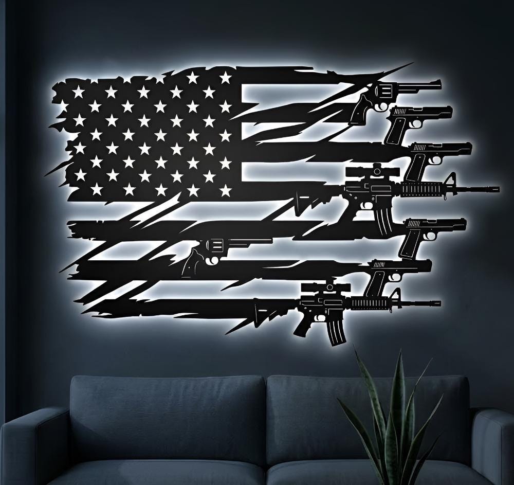 American Flag Firearm Metal Sign, LED Gun Wall Decor For Veteran, Dad Gift Or Home Office