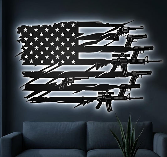 American Flag Firearm Metal Sign, LED Gun Wall Decor For Veteran, Dad Gift Or Home Office