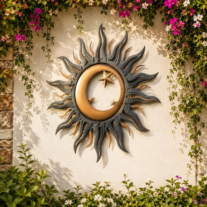 Celestial Sun Moon Metal Wall Art, Rustic Boho Garden Decor, UV Printed Aluminum Sculpture