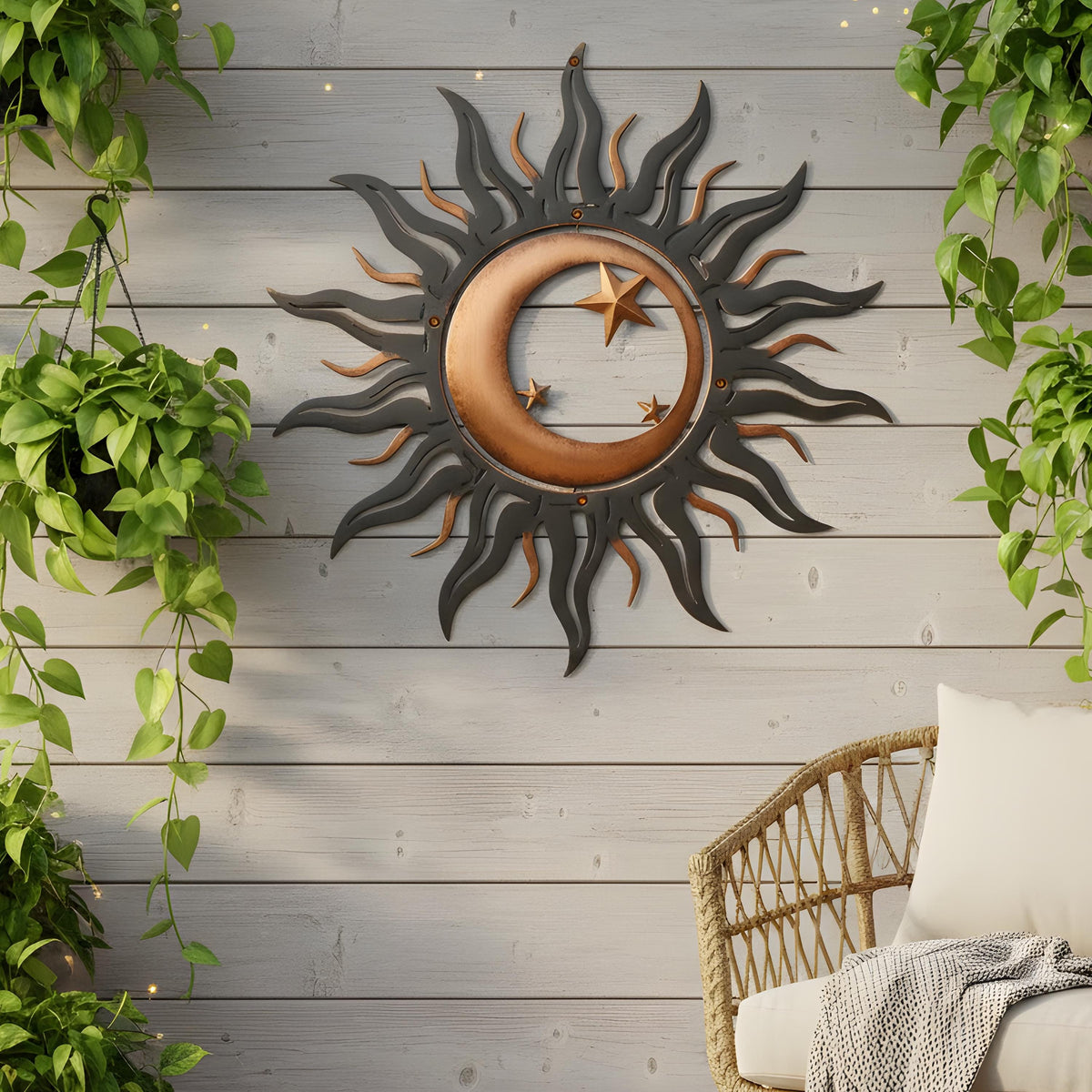 Celestial Sun Moon Metal Wall Art, Rustic Boho Garden Decor, UV Printed Aluminum Sculpture