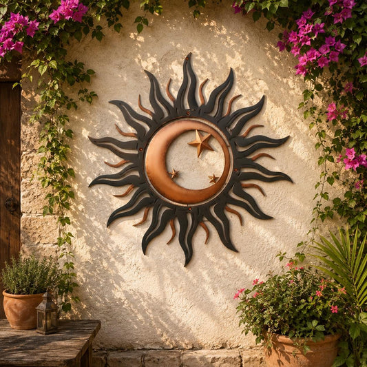 Celestial Sun Moon Metal Wall Art, Rustic Boho Garden Decor, UV Printed Aluminum Sculpture