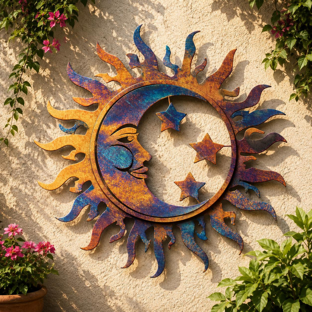 Celestial Sun Moon Metal Wall Art, UV Printed Aluminum Garden Decor