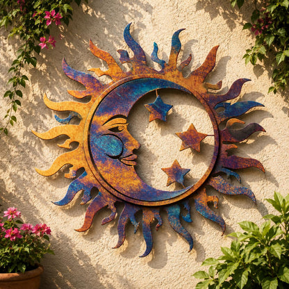 Celestial Sun Moon Metal Wall Art, UV Printed Aluminum Garden Decor