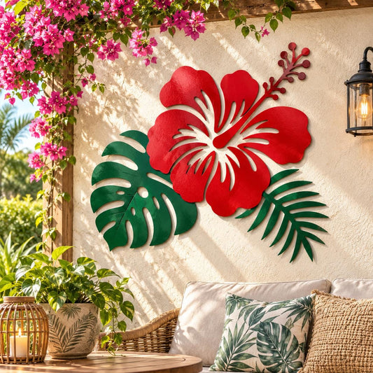 Red Hibiscus Metal Wall Art, Tropical Flower Decor, UV Printed Aluminum Patio Hanging