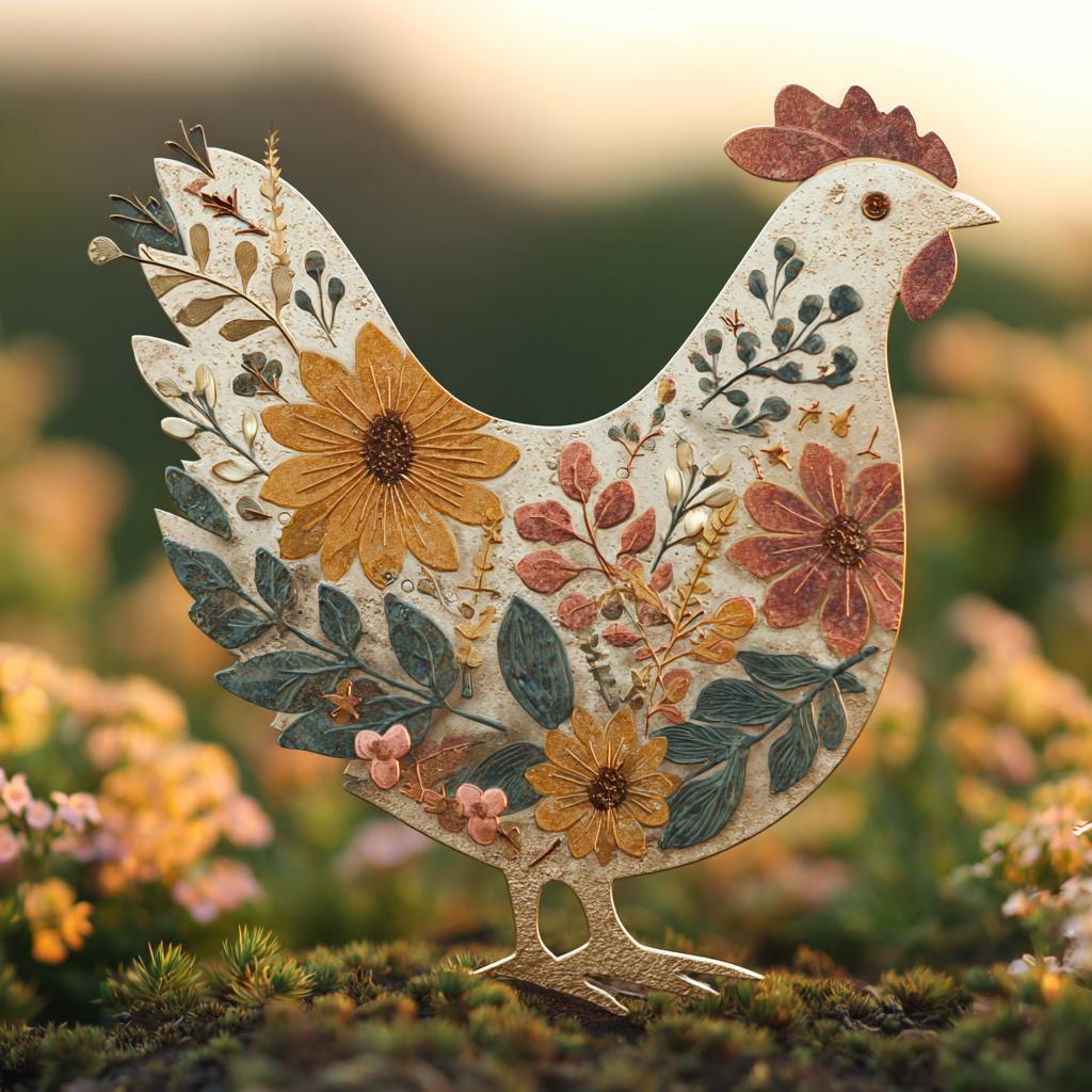 Floral Chicken Metal Wall Art, Rustic Farmhouse Hen Decor, UV Printed Aluminum Hanging