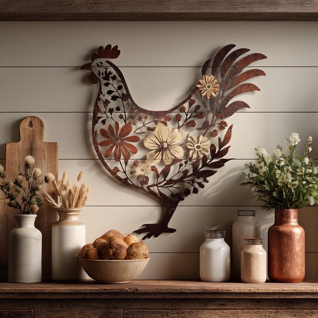 Floral Chicken Metal Wall Art, Rustic Farmhouse Hen Decor, UV Printed Aluminum Hanging