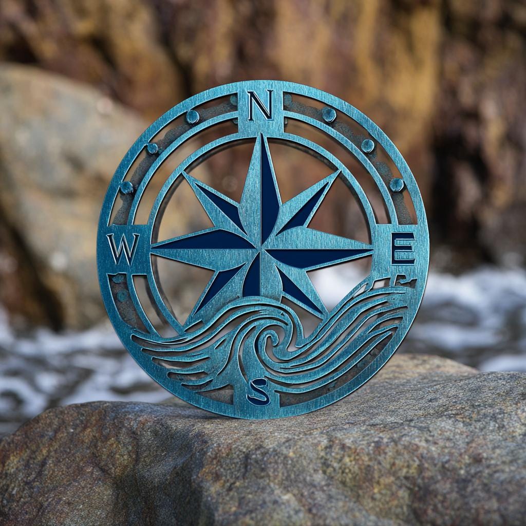 Nautical Compass Rose Metal Wall Art, Coastal Beach Decor, UV Printed Aluminum Sign