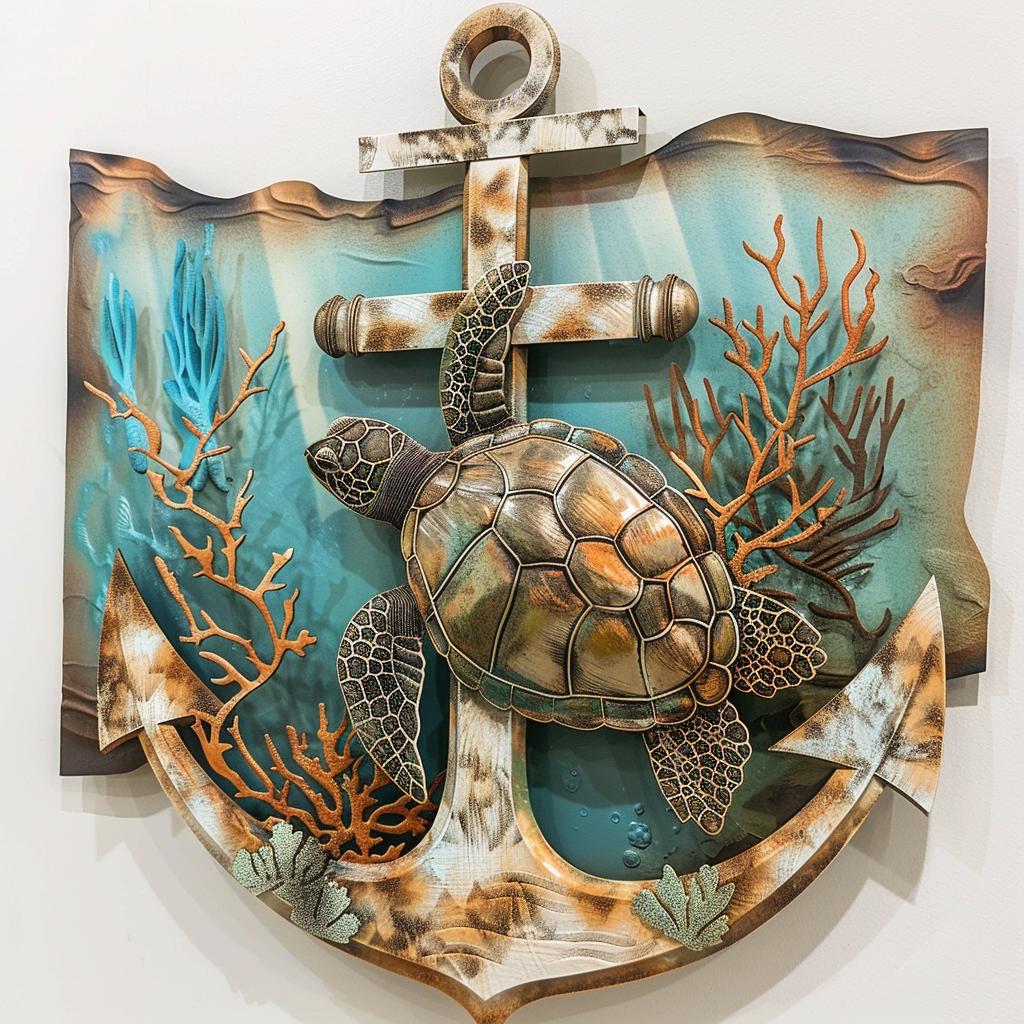 UV Printed Aluminum Sea Turtle Anchor Wall Art, Coastal Beach House Decor
