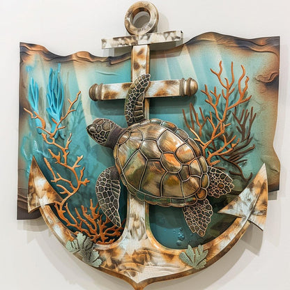 UV Printed Aluminum Sea Turtle Anchor Wall Art, Coastal Beach House Decor