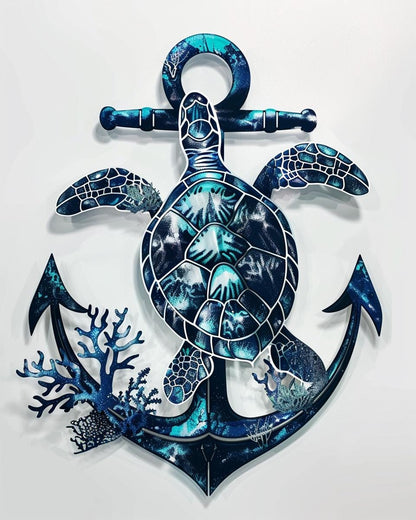 UV Printed Aluminum Sea Turtle Anchor Wall Art, Coastal Beach House Decor