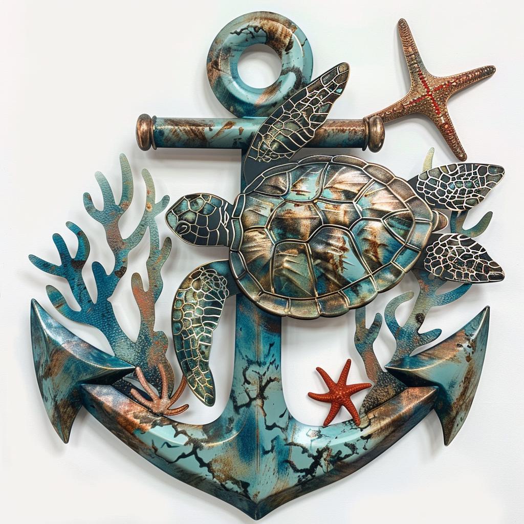 UV Printed Aluminum Sea Turtle Anchor Wall Art, Coastal Beach House Decor