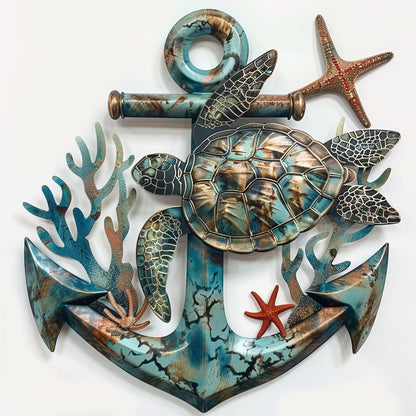 UV Printed Aluminum Sea Turtle Anchor Wall Art, Coastal Beach House Decor
