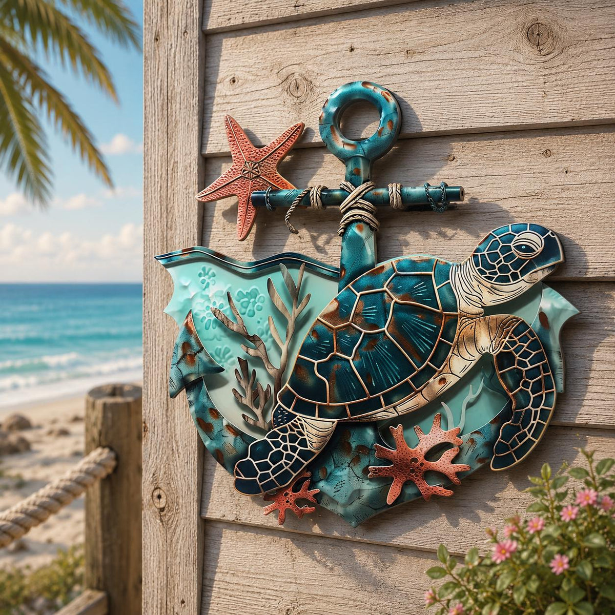 UV Printed Aluminum Sea Turtle Anchor Wall Art, Coastal Beach House Decor