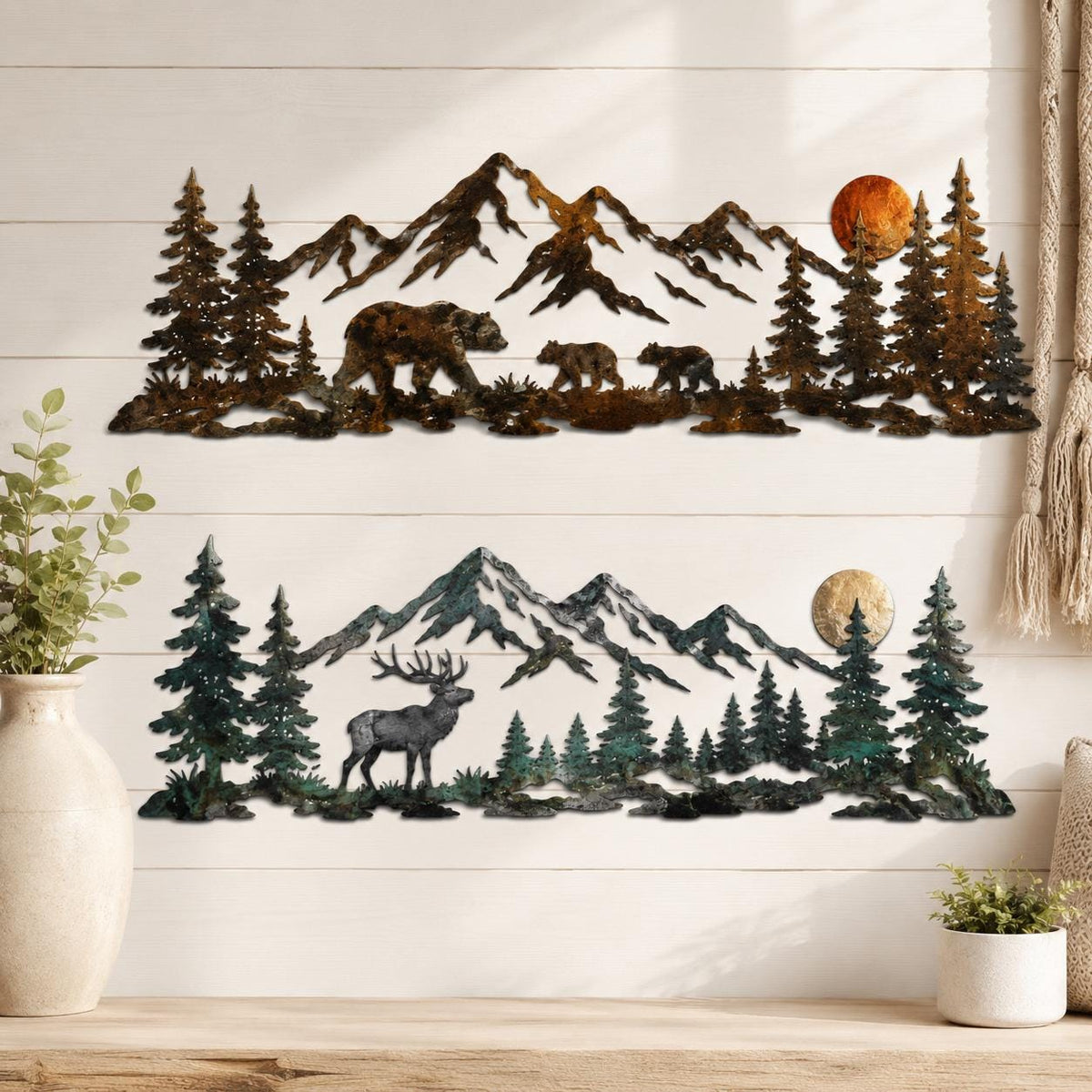 Mountain Wildlife Metal Wall Art, 2 Design Options, Bear Deer Forest Cabin Decor For Lodge Home