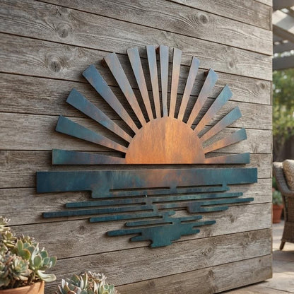 Sunburst Metal Wall Art, Rustic Sunrise Decor, UV Printed Aluminum Sign