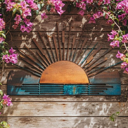Sunburst Metal Wall Art, Rustic Sunrise Decor, UV Printed Aluminum Sign