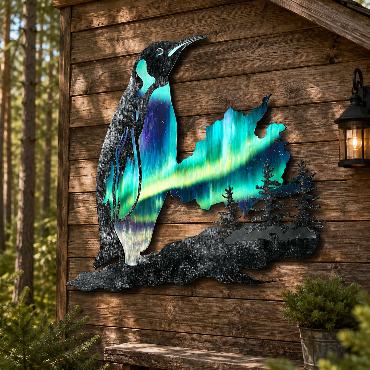 Aurora Penguin Metal Wall Art, UV Printed Aluminum Wildlife Decor