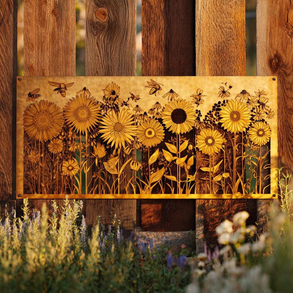 Sunflower Bee Metal Wall Art, UV Printed Aluminum Garden Decor Sign