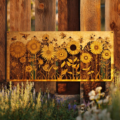 Sunflower Bee Metal Wall Art, UV Printed Aluminum Garden Decor Sign