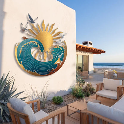 Ocean Wave Sun Metal Art, Coastal Beach House Decor, UV Printed Aluminum Sign