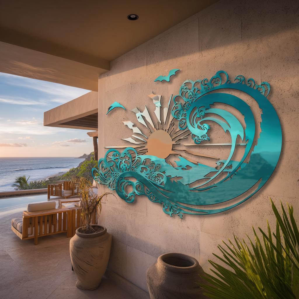 Ocean Wave Sun Metal Art, Coastal Beach House Decor, UV Printed Aluminum Sign
